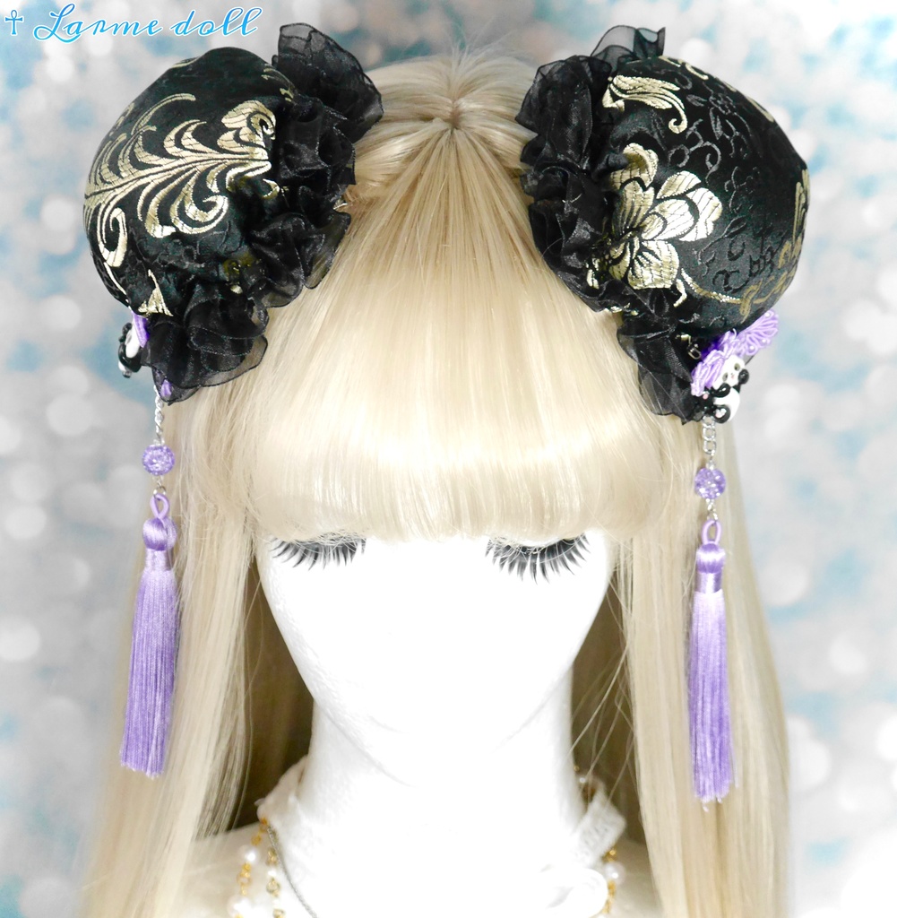 【受注生産】《☥》パンダチャイナお団子カバー(チャイナ生地タイプ)(レース黒)本体カバーカラー▷黒×ゴールド