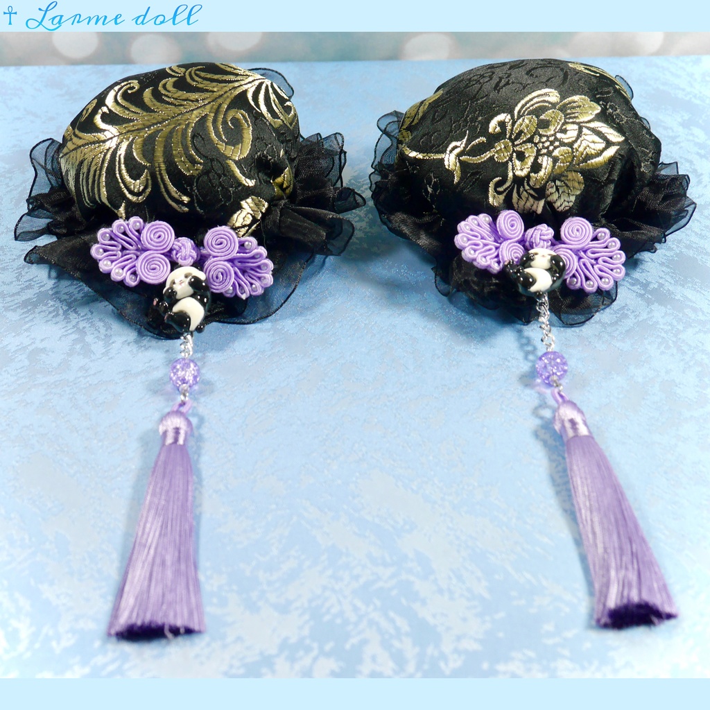 【受注生産】《☥》パンダチャイナお団子カバー(チャイナ生地タイプ)(レース黒)本体カバーカラー▷黒×ゴールド