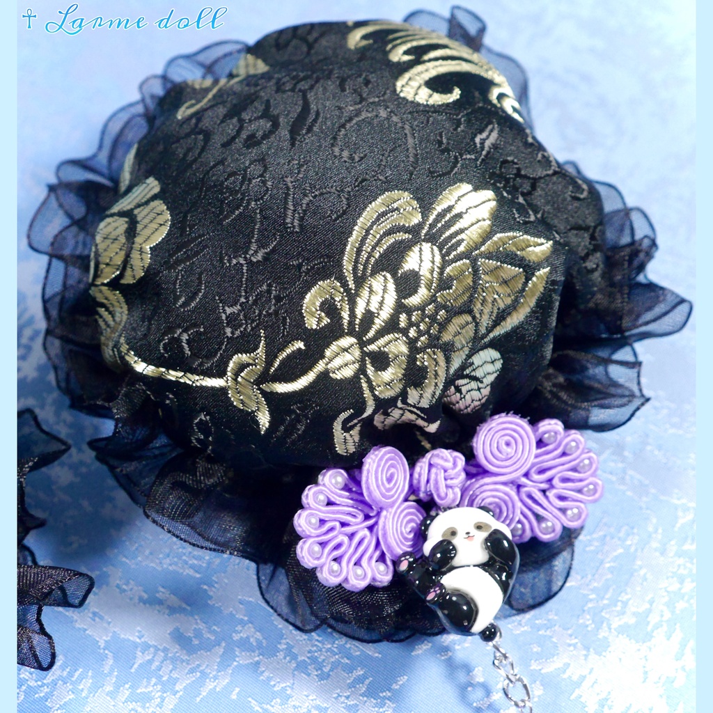 【受注生産】《☥》パンダチャイナお団子カバー(チャイナ生地タイプ)(レース黒)本体カバーカラー▷黒×ゴールド