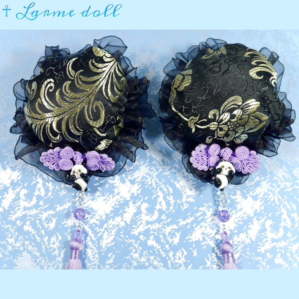 【受注生産】《☥》パンダチャイナお団子カバー(チャイナ生地タイプ)(レース黒)本体カバーカラー▷黒×ゴールド