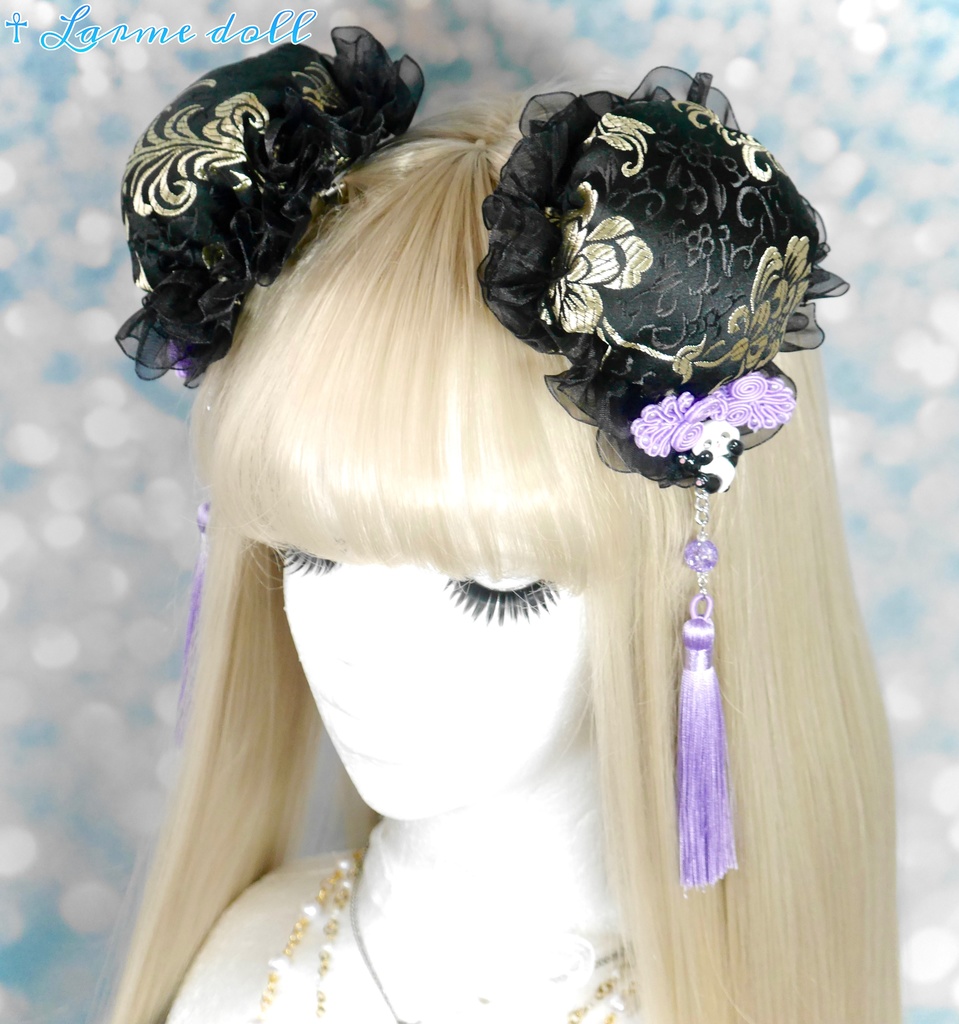 【受注生産】《☥》パンダチャイナお団子カバー(チャイナ生地タイプ)(レース黒)本体カバーカラー▷黒×ゴールド