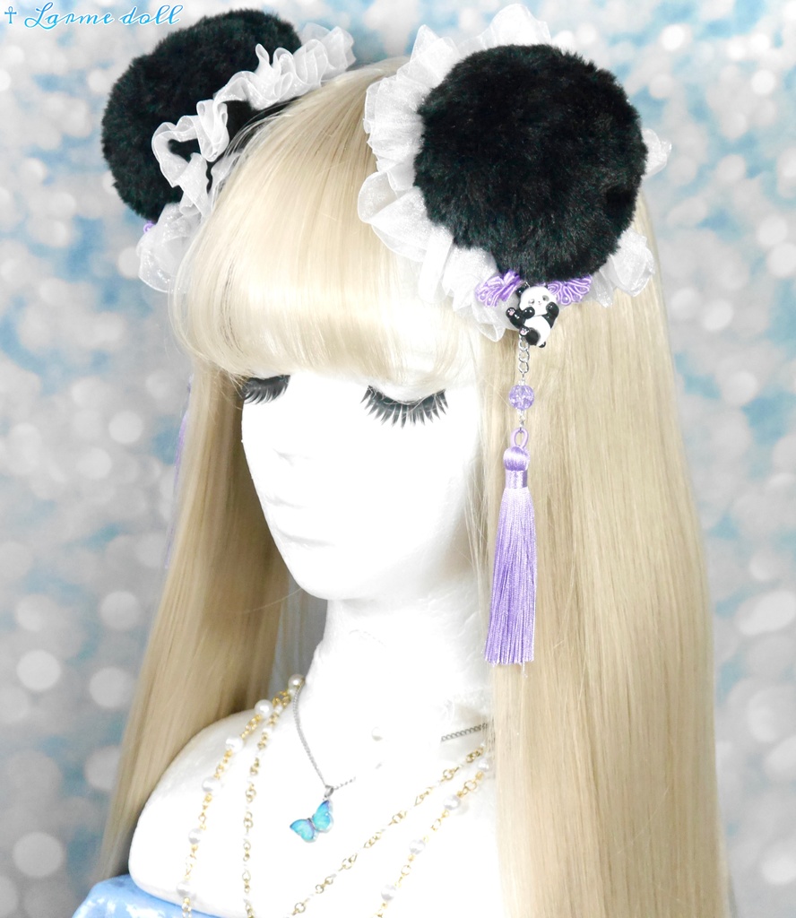 【受注生産】《☥》パンダチャイナお団子カバー(ファー生地タイプ)(レース白)本体カバーカラー▷黒