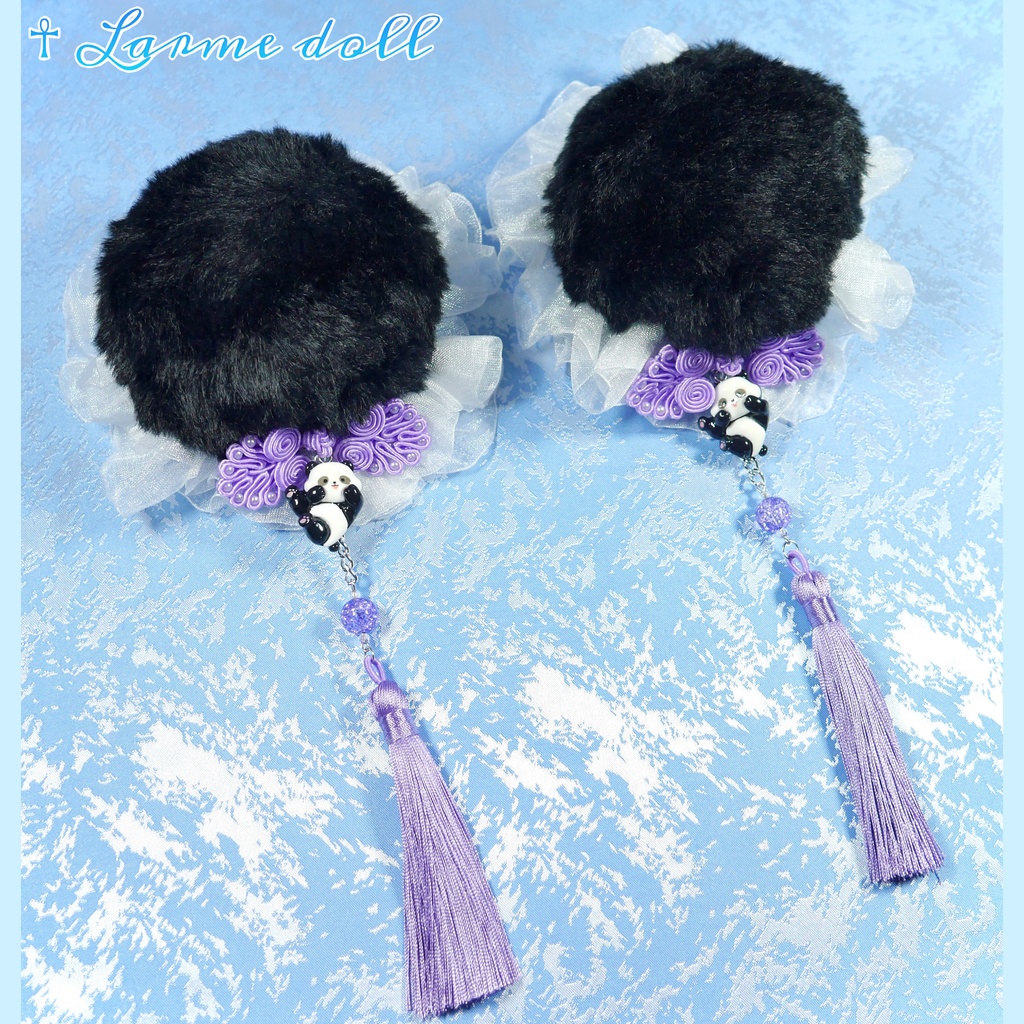 【受注生産】《☥》パンダチャイナお団子カバー(ファー生地タイプ)(レース白)本体カバーカラー▷黒