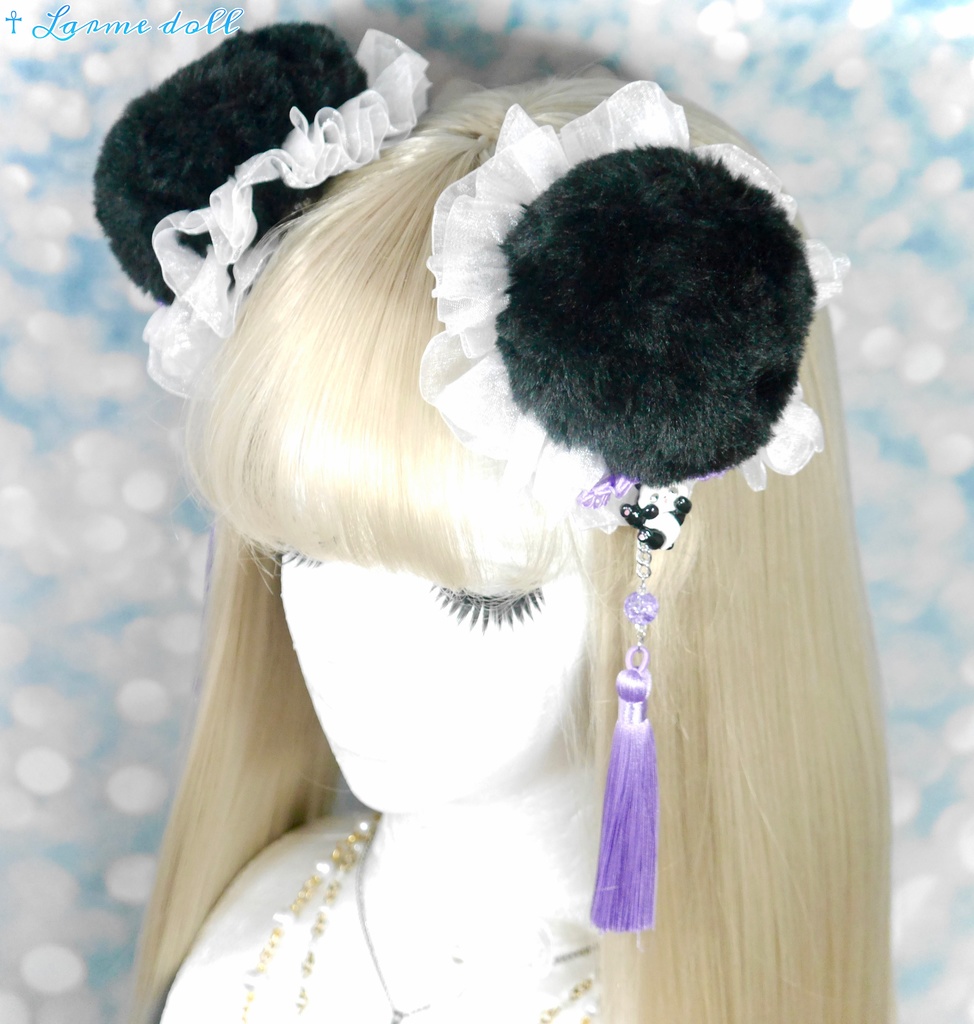 【受注生産】《☥》パンダチャイナお団子カバー(ファー生地タイプ)(レース白)本体カバーカラー▷黒