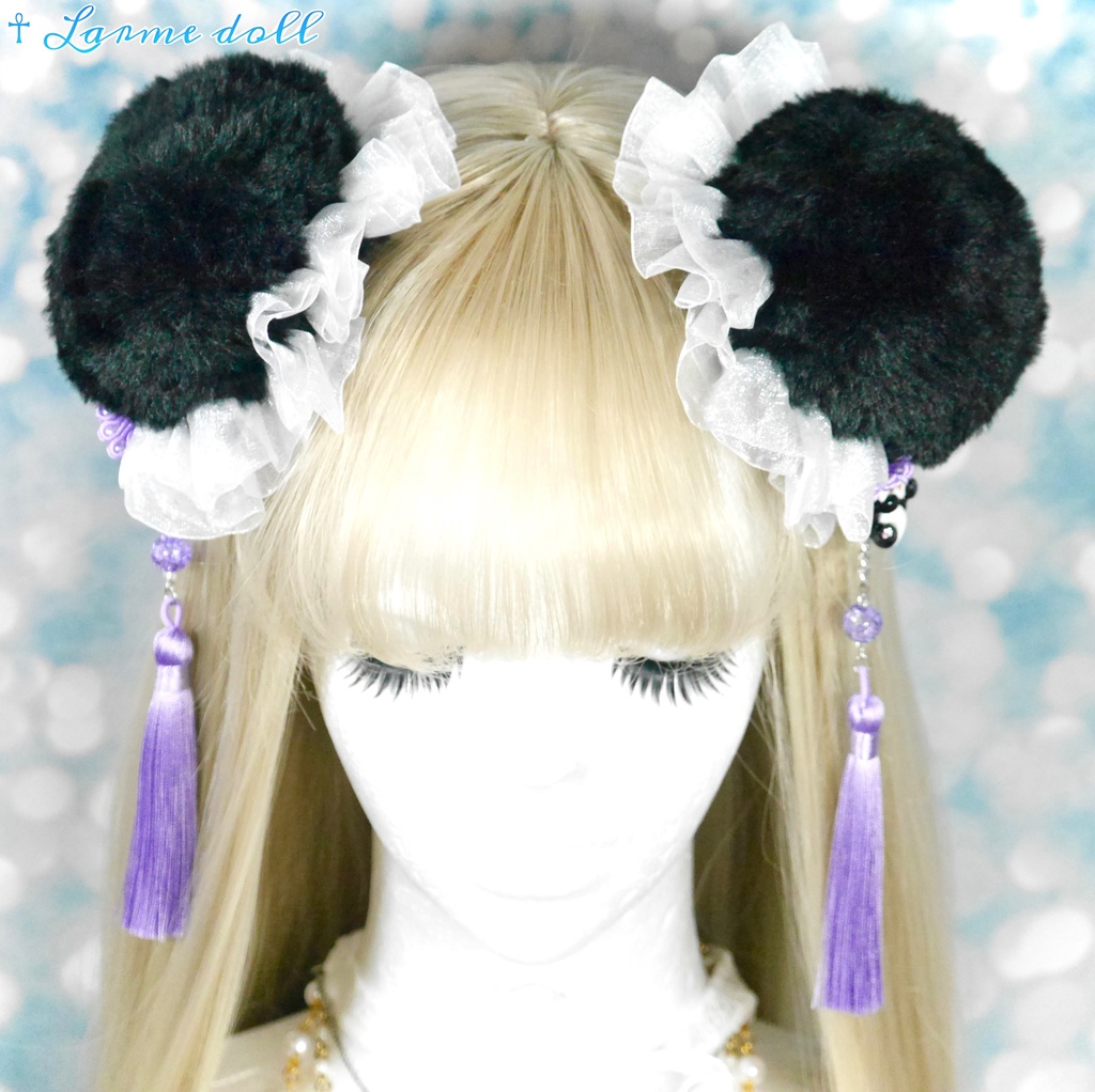 【受注生産】《☥》パンダチャイナお団子カバー(ファー生地タイプ)(レース白)本体カバーカラー▷黒