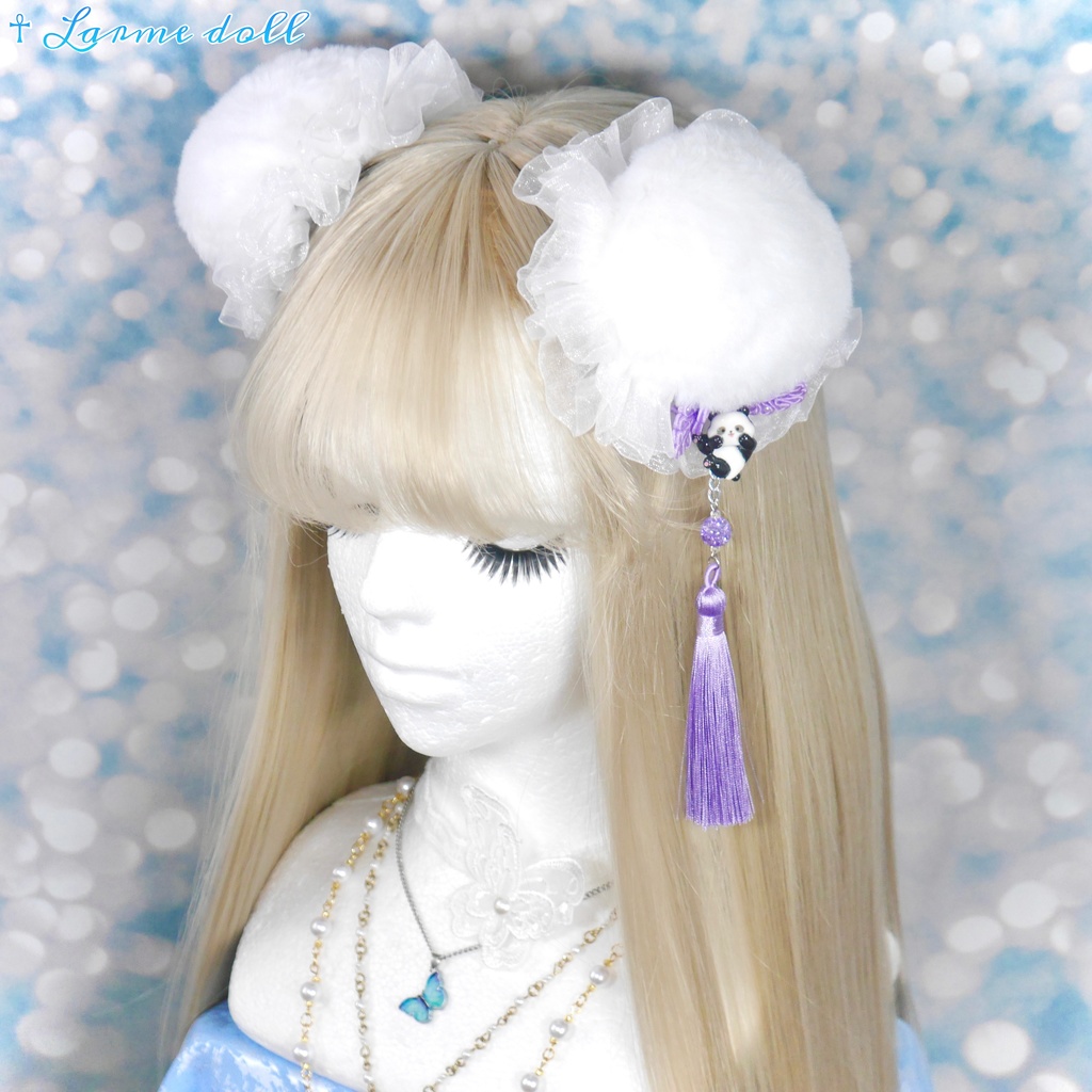 【受注生産】パンダチャイナお団子カバー(ファー生地タイプ)(レース白)本体カバーカラー▷白