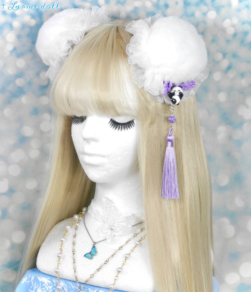 【受注生産】パンダチャイナお団子カバー(ファー生地タイプ)(レース白)本体カバーカラー▷白