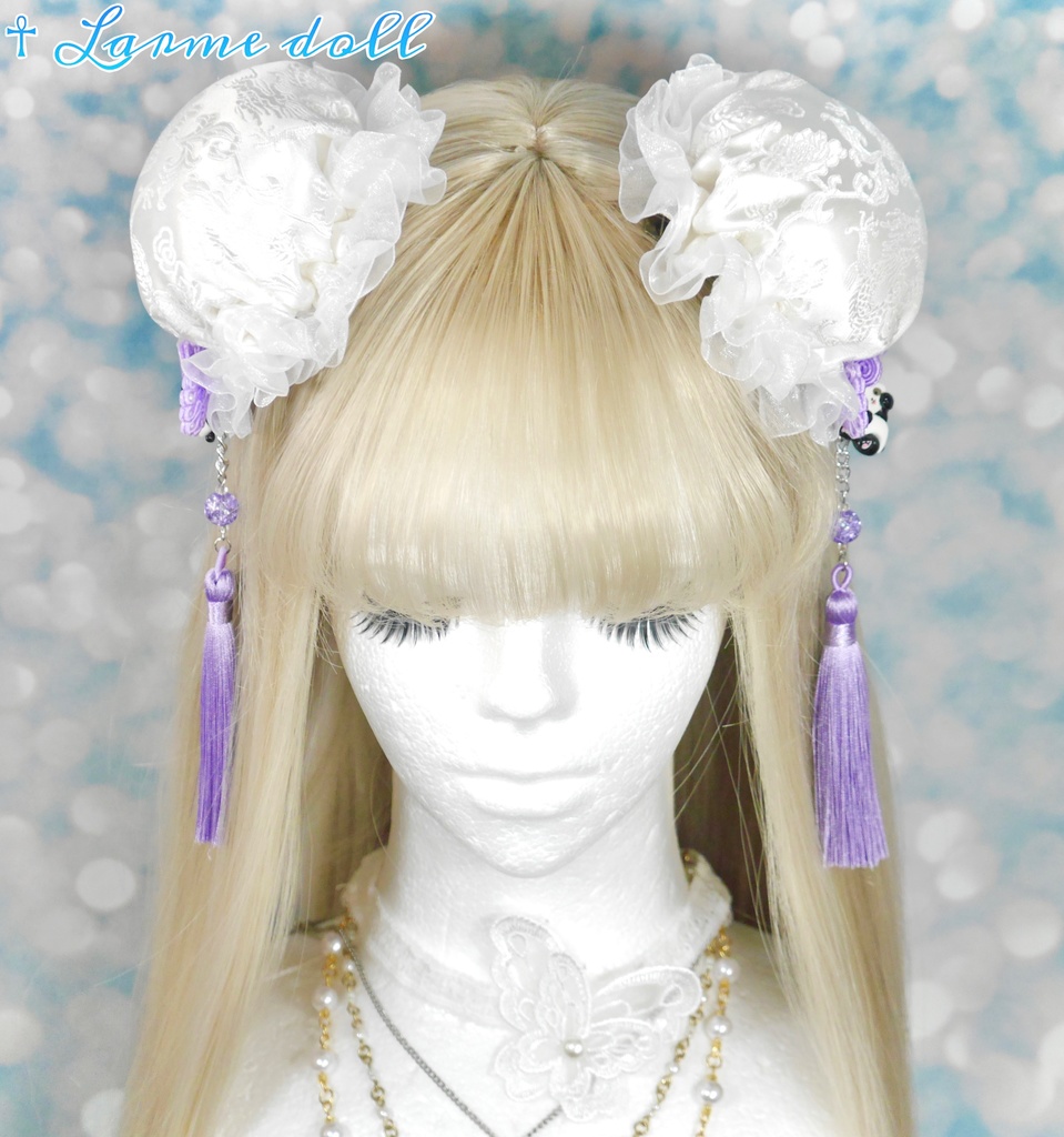 【受注生産】《☥》パンダチャイナお団子カバー(チャイナ生地タイプ)(レース白)本体カバーカラー▷白