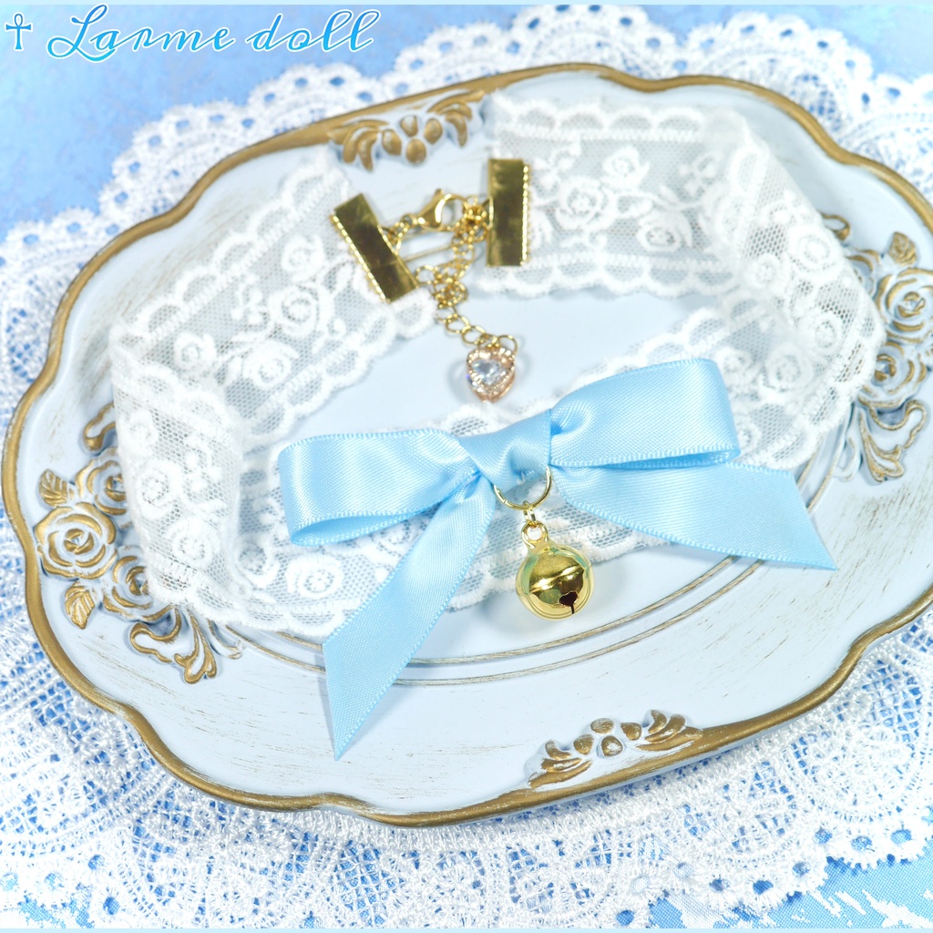 【受注生産】《☥》リボンチョーカー(レース白)(タイプA)(接合パーツ等ゴールド)