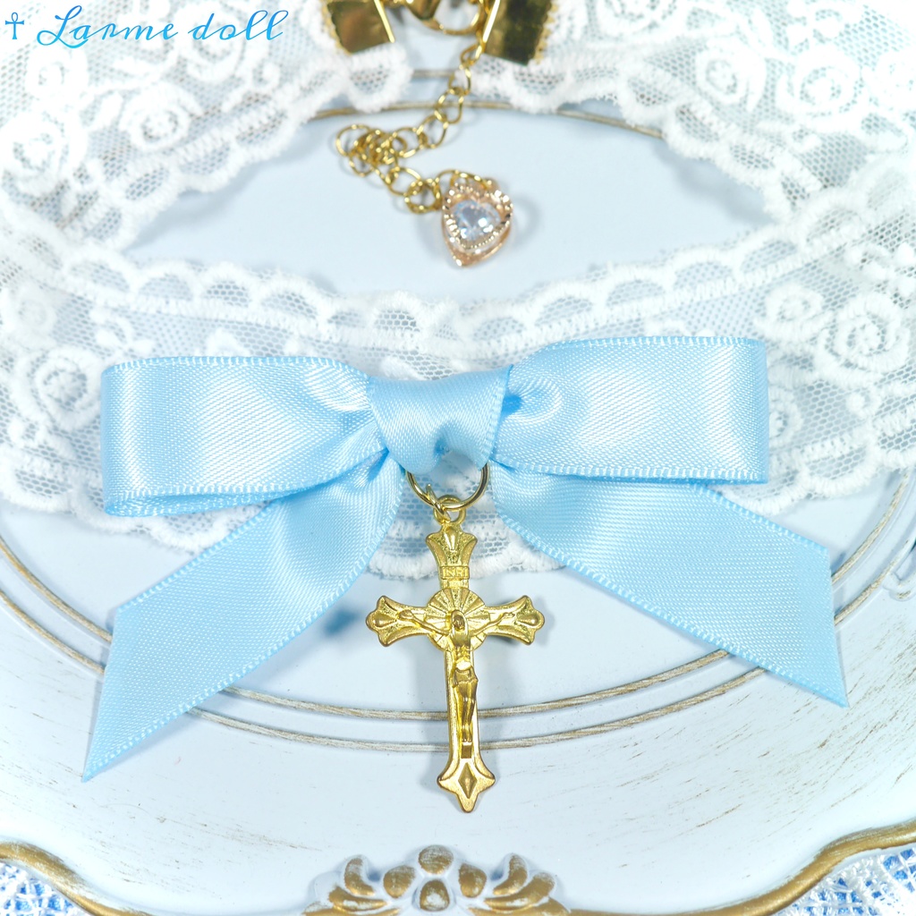 【受注生産】《☥》リボンチョーカー(レース白)(タイプB)(接合パーツ等ゴールド)