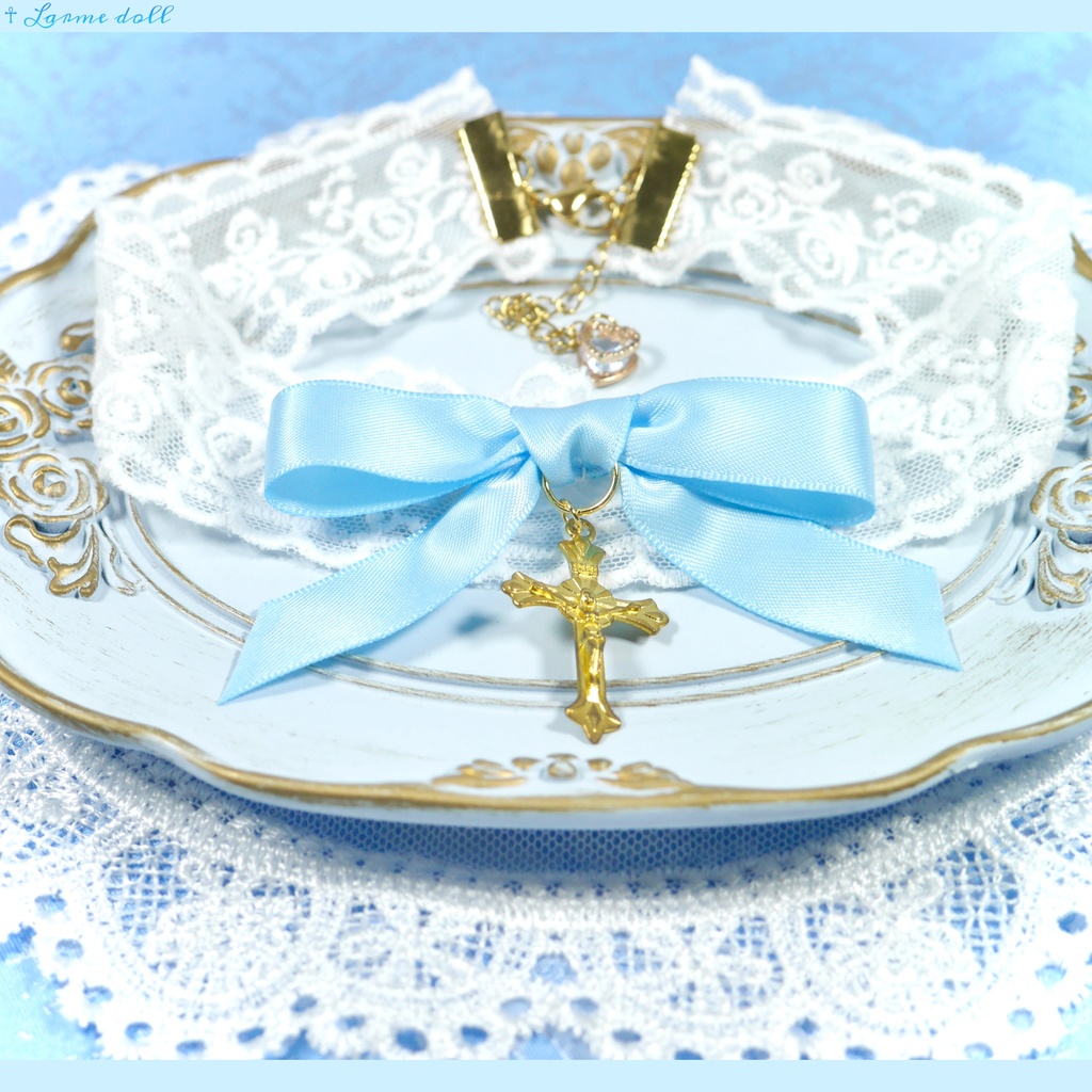 【受注生産】《☥》リボンチョーカー(レース白)(タイプB)(接合パーツ等ゴールド)