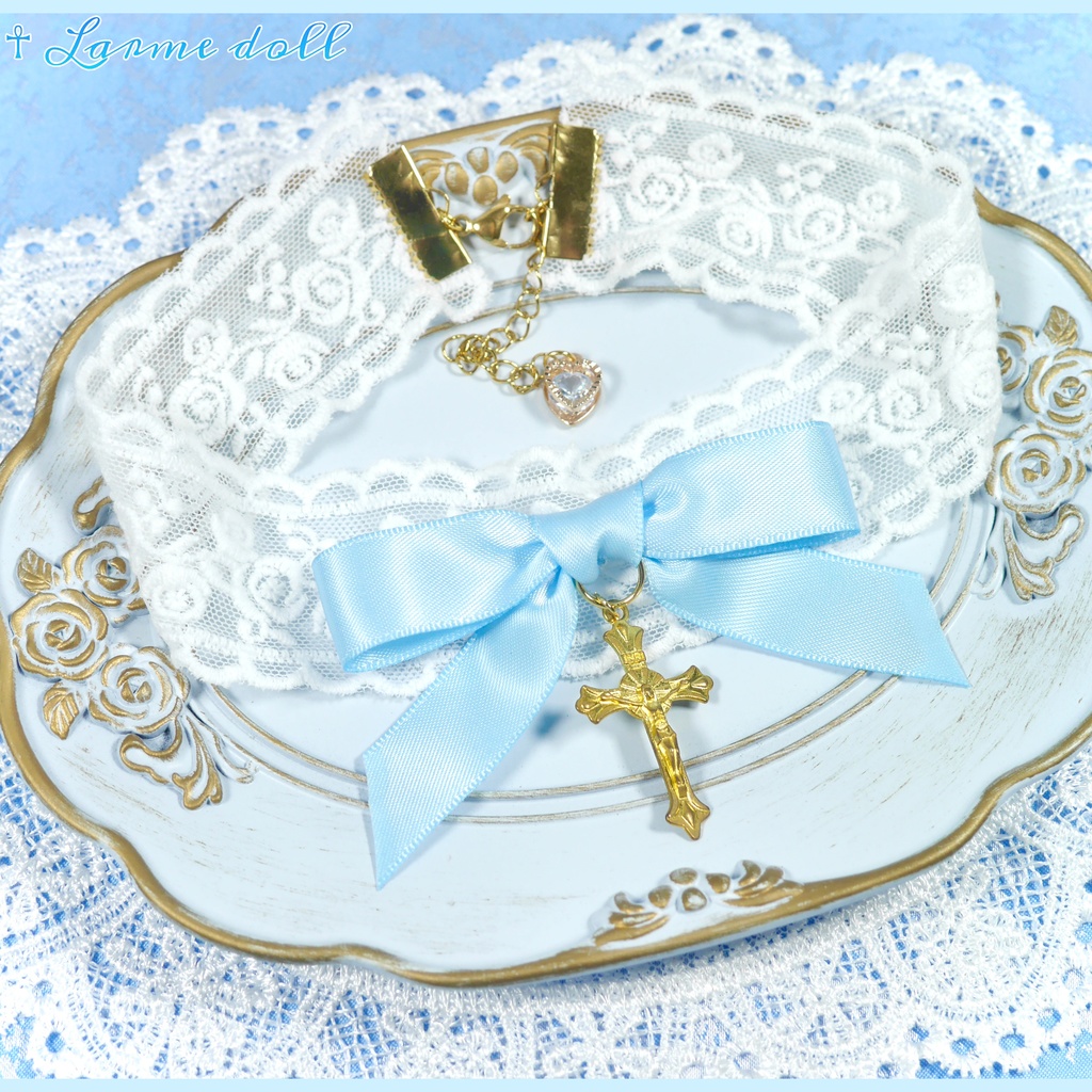 【受注生産】《☥》リボンチョーカー(レース白)(タイプB)(接合パーツ等ゴールド)