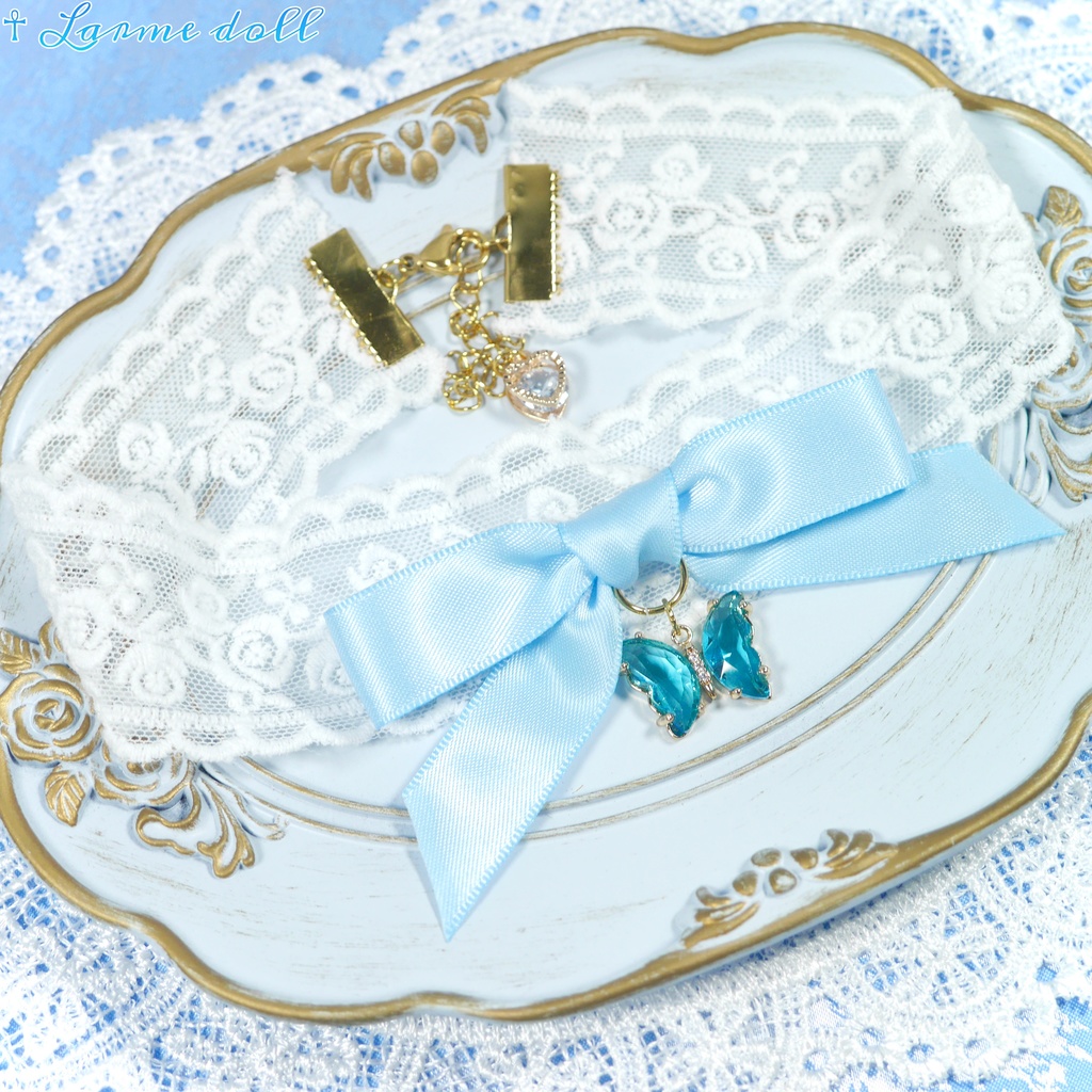 【受注生産】《☥》リボンチョーカー(レース白)(タイプC)(接合パーツ等ゴールド)