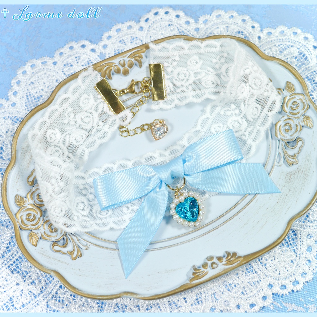 【受注生産】《☥》リボンチョーカー(レース白)(タイプD)(接合パーツ等ゴールド)