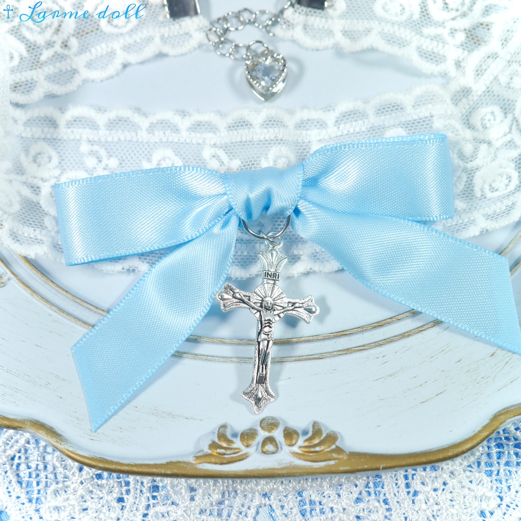 【受注生産】《☥》リボンチョーカー(レース白)(タイプB)(接合パーツ等シルバー)