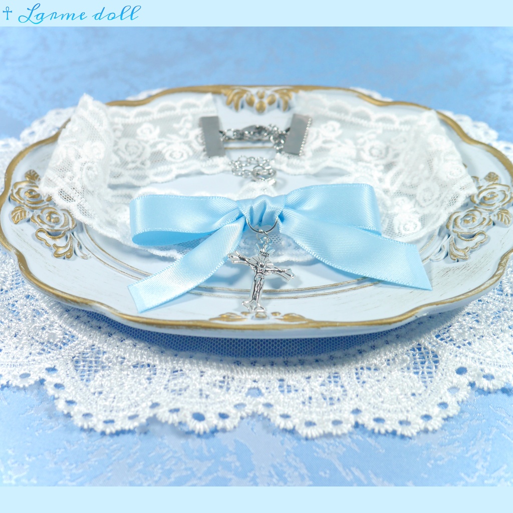 【受注生産】《☥》リボンチョーカー(レース白)(タイプB)(接合パーツ等シルバー)