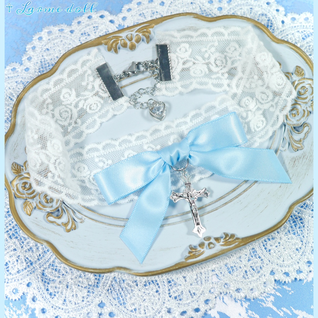 【受注生産】《☥》リボンチョーカー(レース白)(タイプB)(接合パーツ等シルバー)