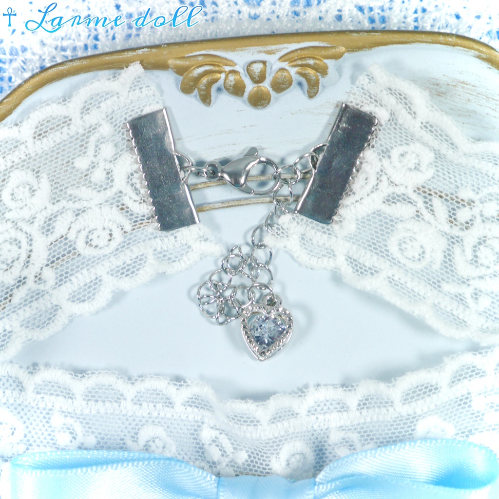 【受注生産】《☥》リボンチョーカー(レース白)(タイプC)(接合パーツ等シルバー)