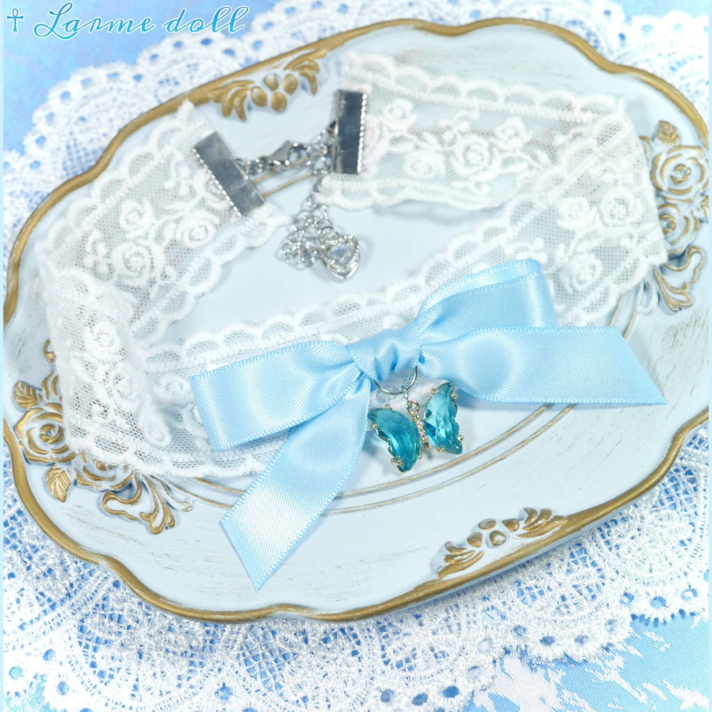 【受注生産】《☥》リボンチョーカー(レース白)(タイプC)(接合パーツ等シルバー)