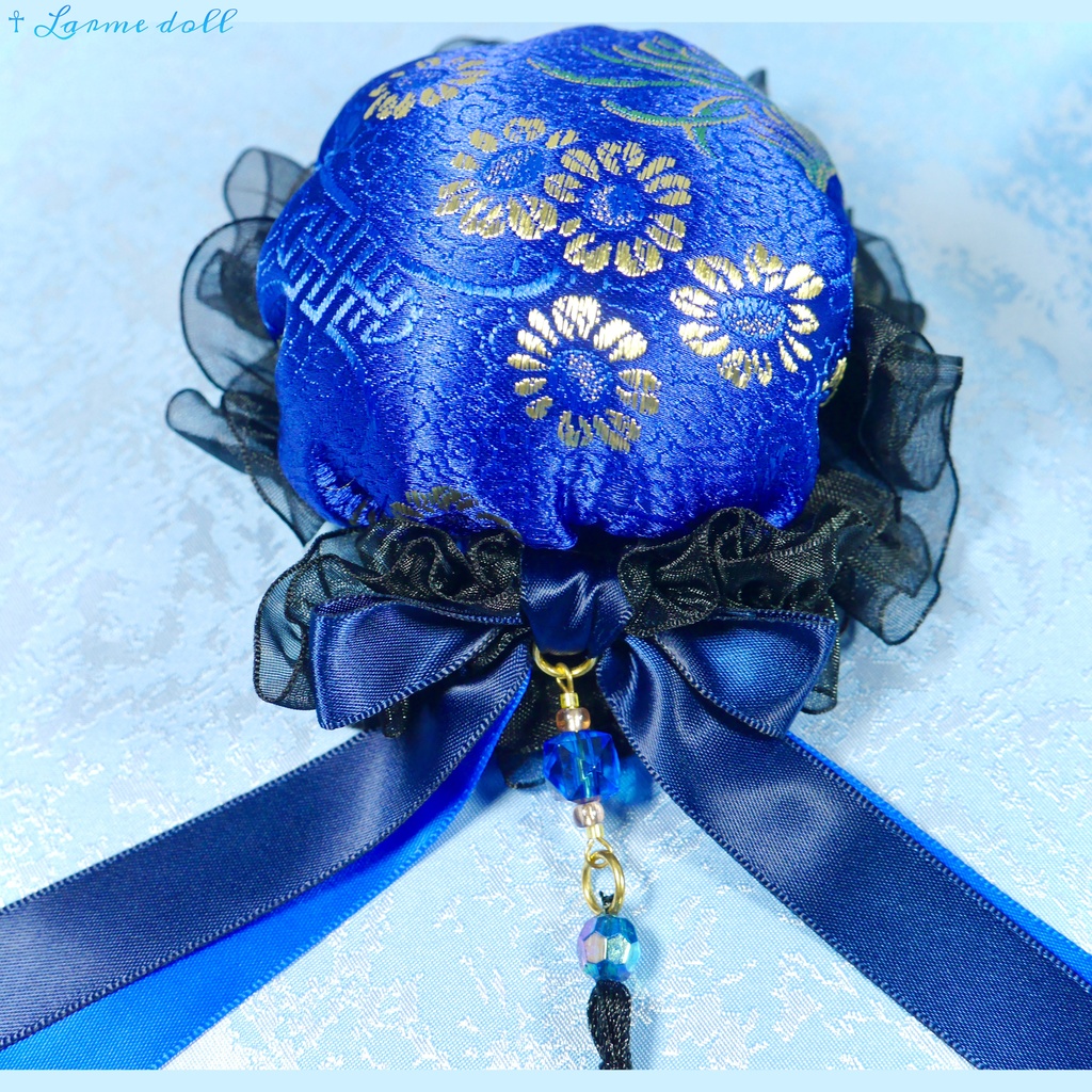 【完成品】【一点物】【⚠️ヘアクリップ錆び等有り】《☥》タッセル付きチャイナお団子カバー カラー▷青×黒