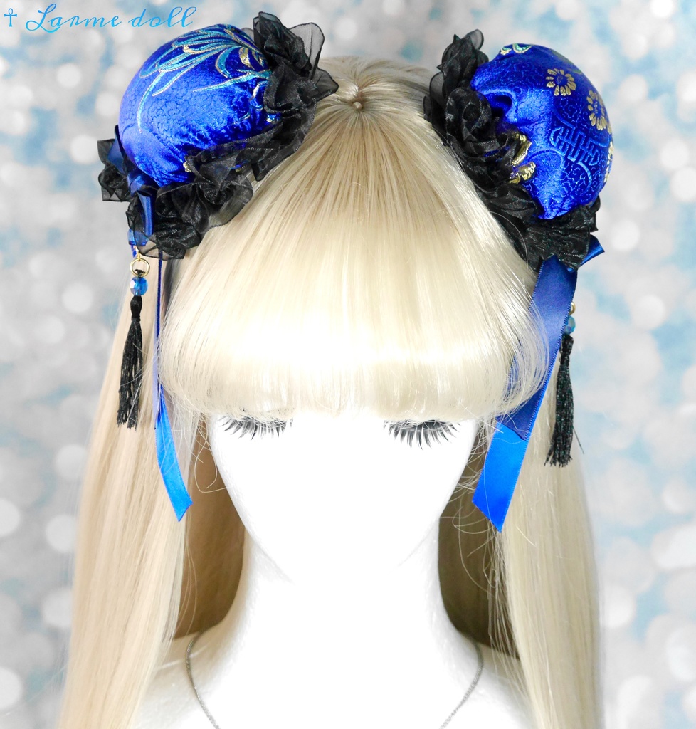 【完成品】【一点物】【⚠️ヘアクリップ錆び等有り】《☥》タッセル付きチャイナお団子カバー カラー▷青×黒