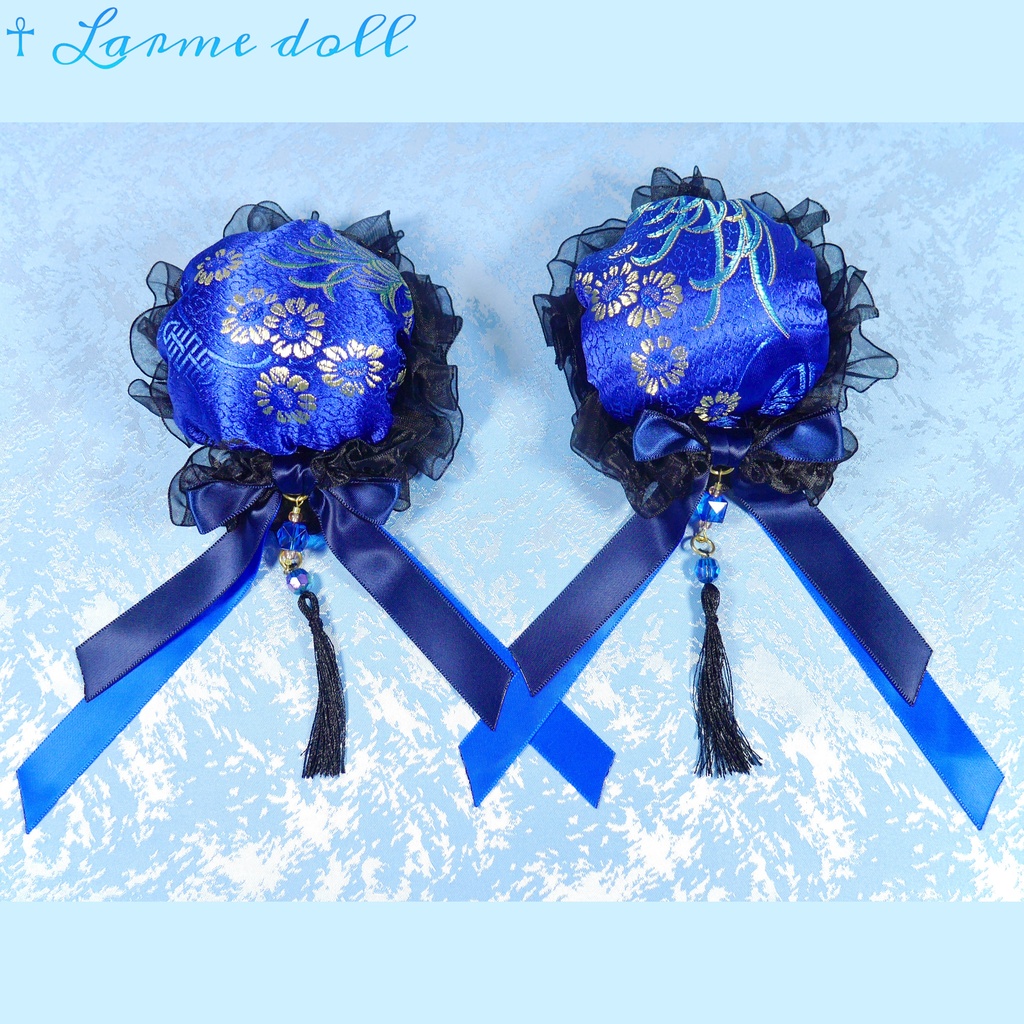 【完成品】【一点物】【⚠️ヘアクリップ錆び等有り】《☥》タッセル付きチャイナお団子カバー カラー▷青×黒