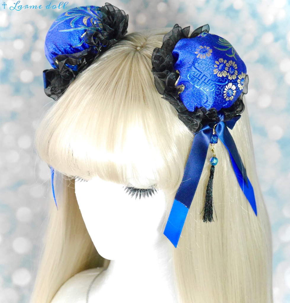 【完成品】【一点物】【⚠️ヘアクリップ錆び等有り】《☥》タッセル付きチャイナお団子カバー カラー▷青×黒