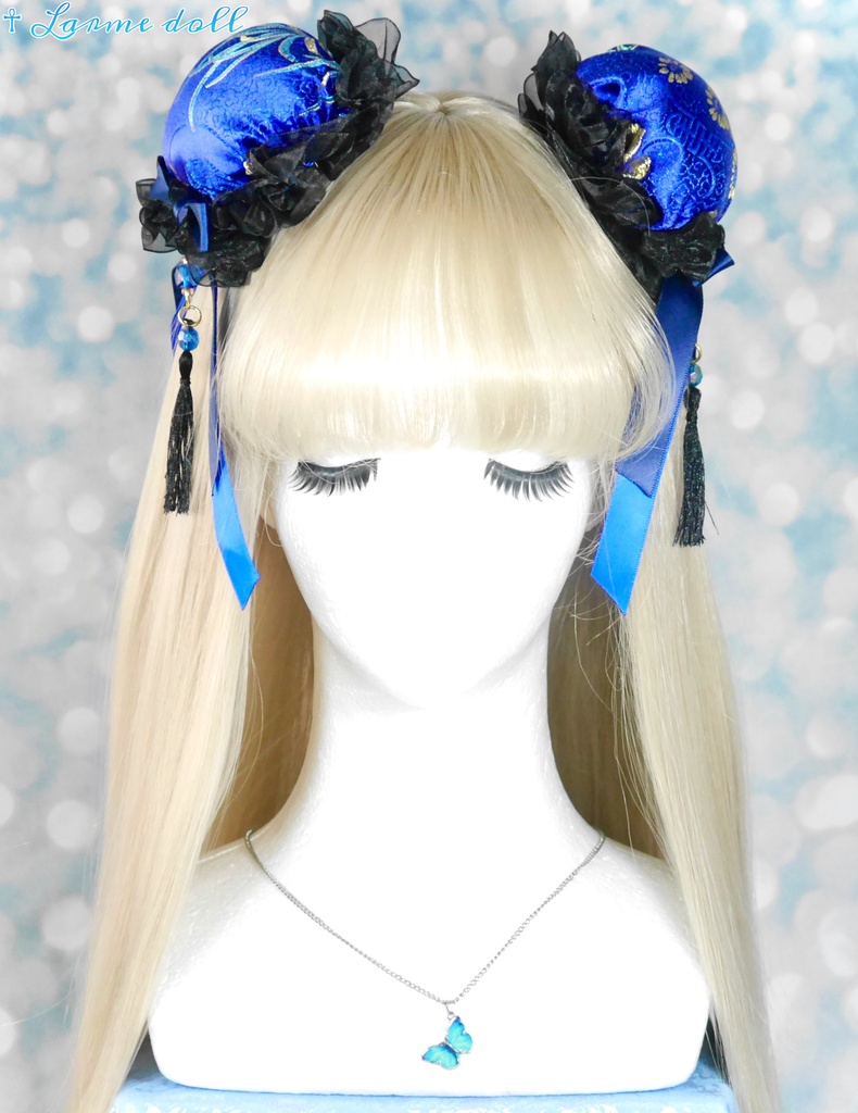 【完成品】【一点物】【⚠️ヘアクリップ錆び等有り】《☥》タッセル付きチャイナお団子カバー カラー▷青×黒