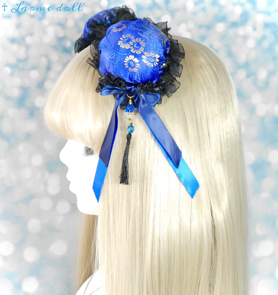 【完成品】【一点物】【⚠️ヘアクリップ錆び等有り】《☥》タッセル付きチャイナお団子カバー カラー▷青×黒