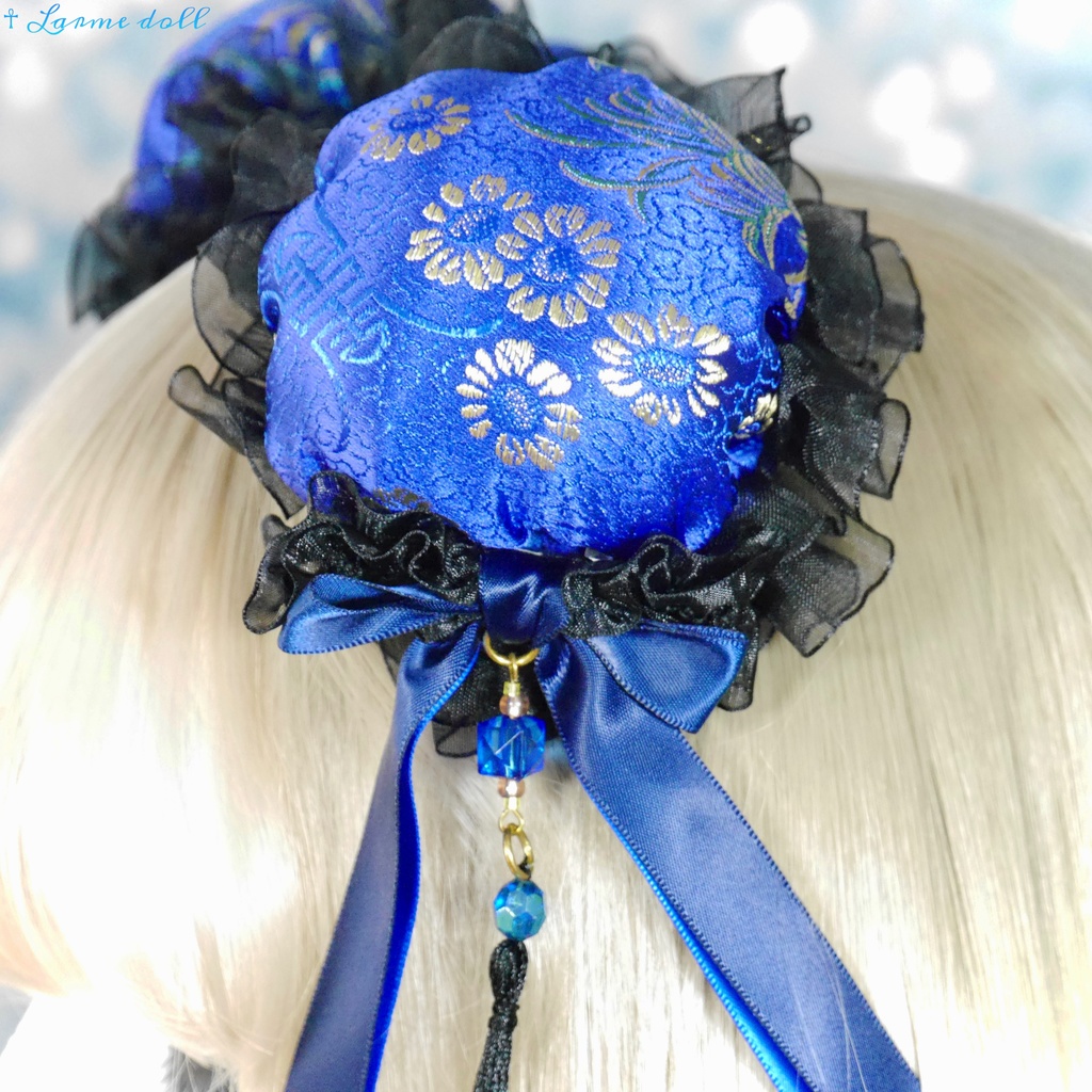 【完成品】【一点物】【⚠️ヘアクリップ錆び等有り】《☥》タッセル付きチャイナお団子カバー カラー▷青×黒