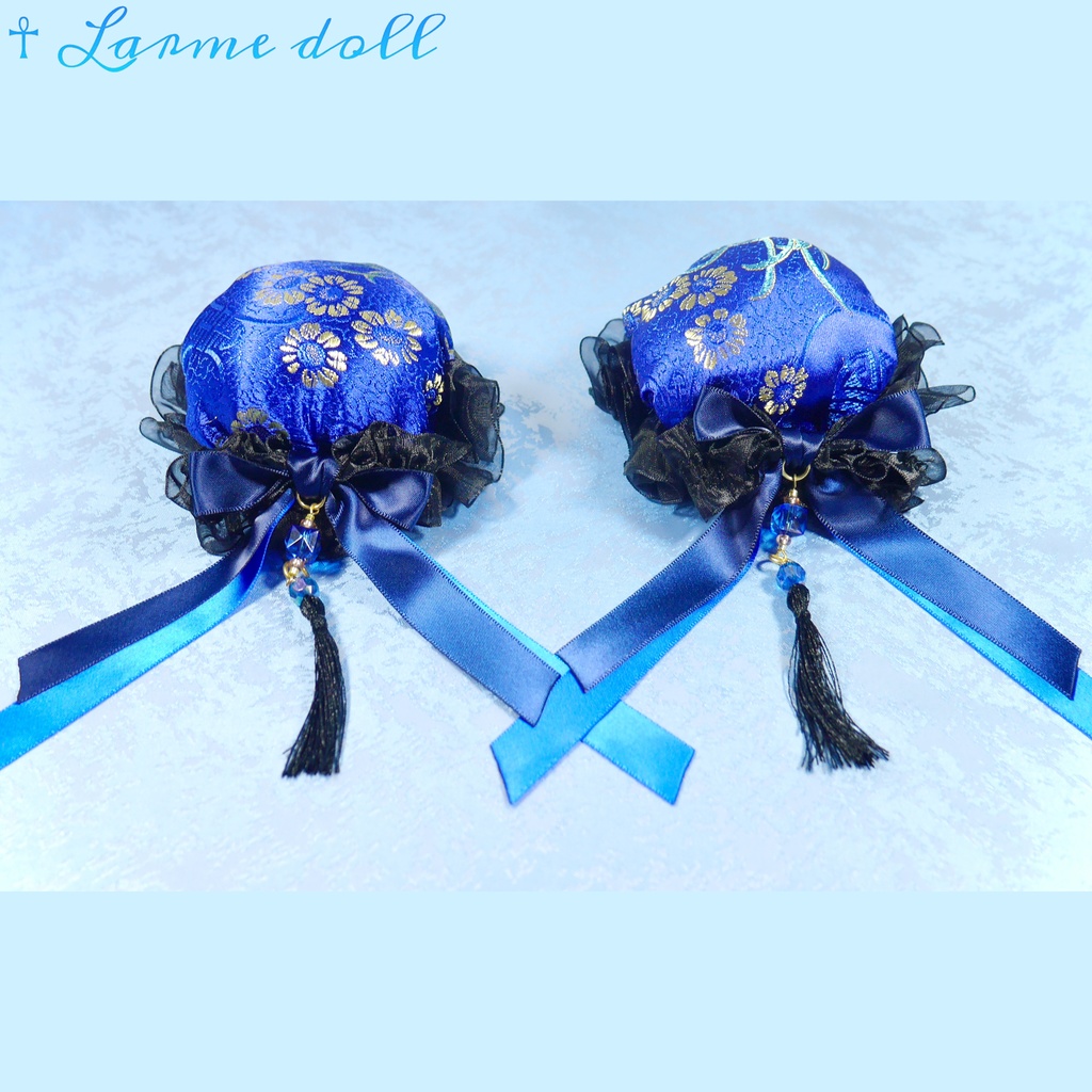 【完成品】【一点物】【⚠️ヘアクリップ錆び等有り】《☥》タッセル付きチャイナお団子カバー カラー▷青×黒