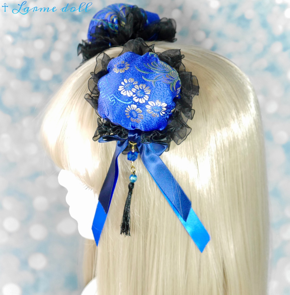 【完成品】【一点物】【⚠️ヘアクリップ錆び等有り】《☥》タッセル付きチャイナお団子カバー カラー▷青×黒