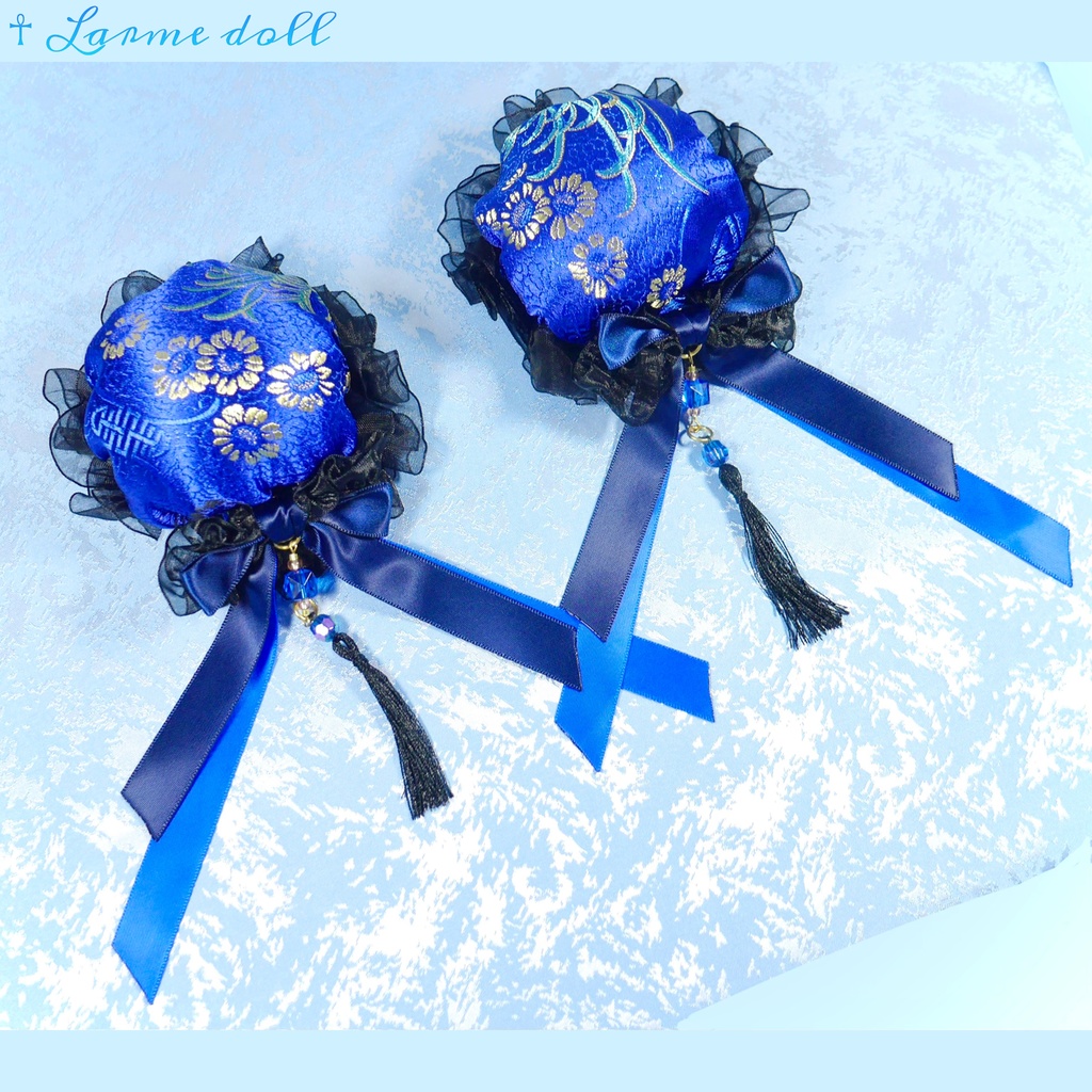 【完成品】【一点物】【⚠️ヘアクリップ錆び等有り】《☥》タッセル付きチャイナお団子カバー カラー▷青×黒