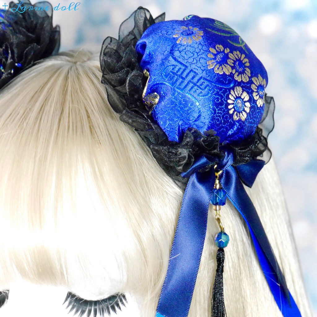 【完成品】【一点物】【⚠️ヘアクリップ錆び等有り】《☥》タッセル付きチャイナお団子カバー カラー▷青×黒