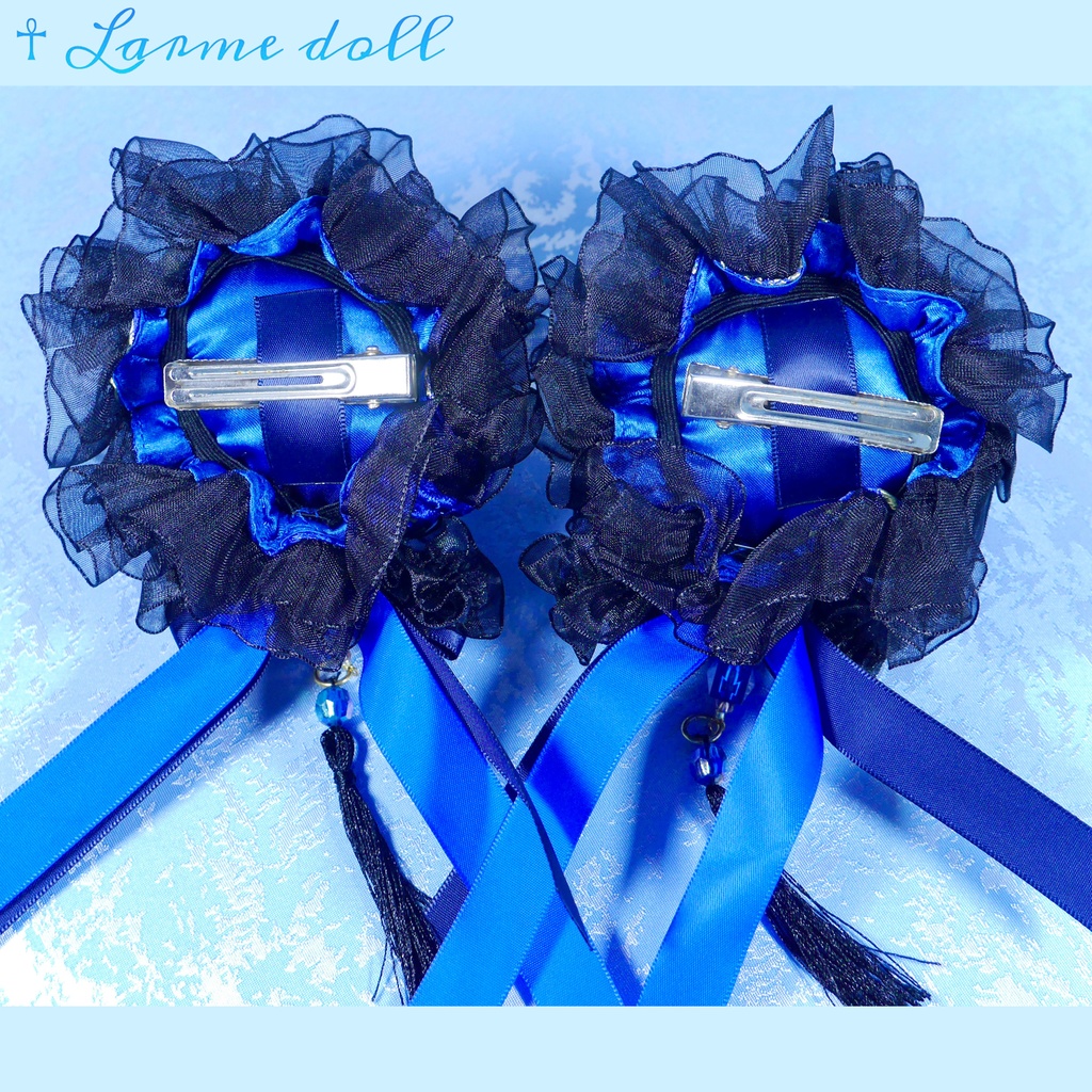 【完成品】【一点物】【⚠️ヘアクリップ錆び等有り】《☥》タッセル付きチャイナお団子カバー カラー▷青×黒