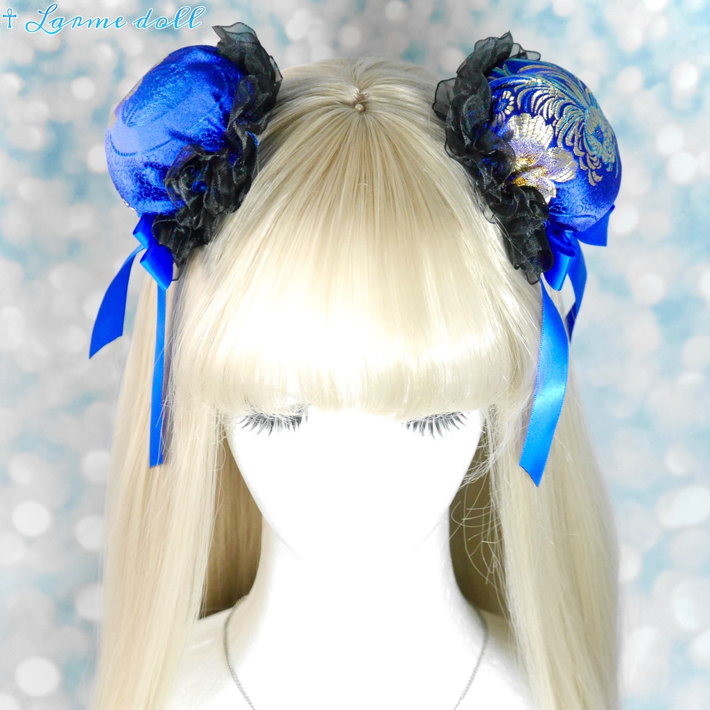 【完成品】【一点物】【⚠️ヘアクリップ錆び等有り】《☥》チャイナお団子カバー カラー▷青×黒