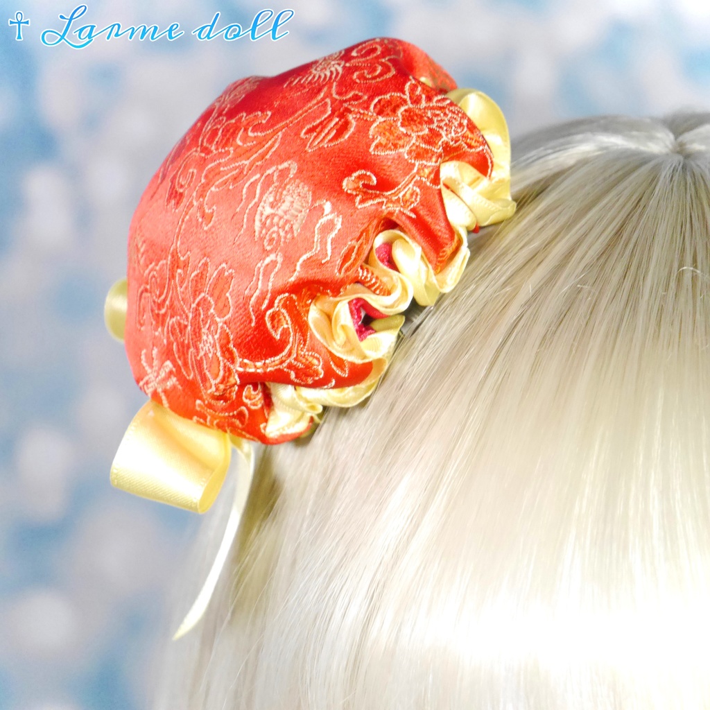 【完成品】【一点物】【⚠️ヘアクリップ錆び等有り】《☥》ミニチャイナお団子カバー カラー▷赤×黄色