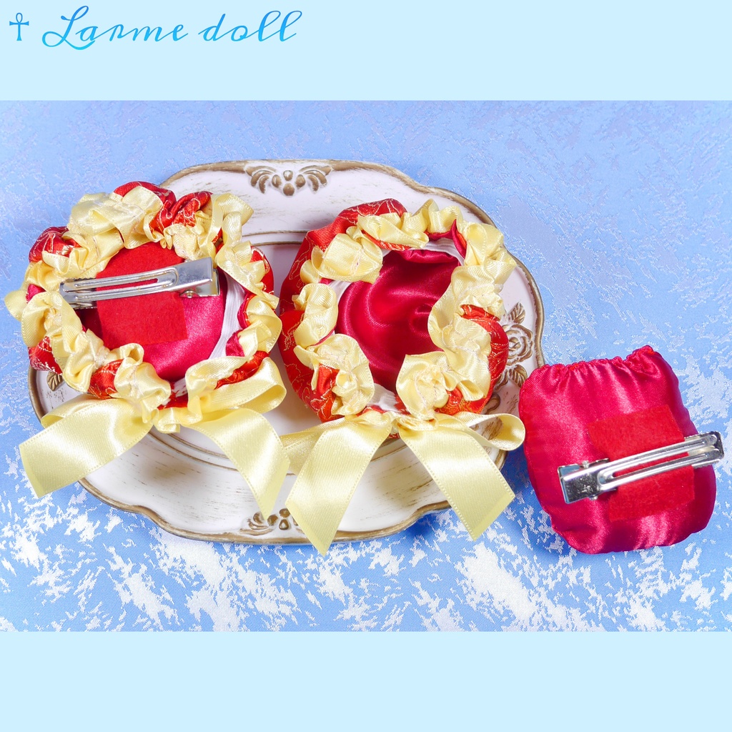 【完成品】【一点物】【⚠️ヘアクリップ錆び等有り】《☥》ミニチャイナお団子カバー カラー▷赤×黄色