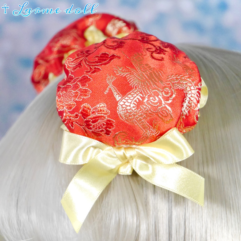 【完成品】【一点物】【⚠️ヘアクリップ錆び等有り】《☥》ミニチャイナお団子カバー カラー▷赤×黄色