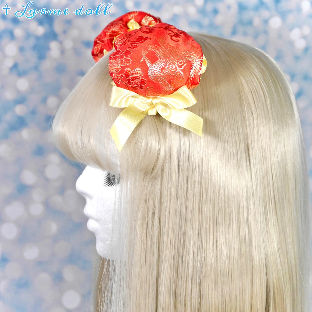 【完成品】【一点物】【⚠️ヘアクリップ錆び等有り】《☥》ミニチャイナお団子カバー カラー▷赤×黄色