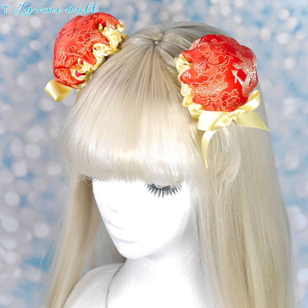 【完成品】【一点物】【⚠️ヘアクリップ錆び等有り】《☥》ミニチャイナお団子カバー カラー▷赤×黄色