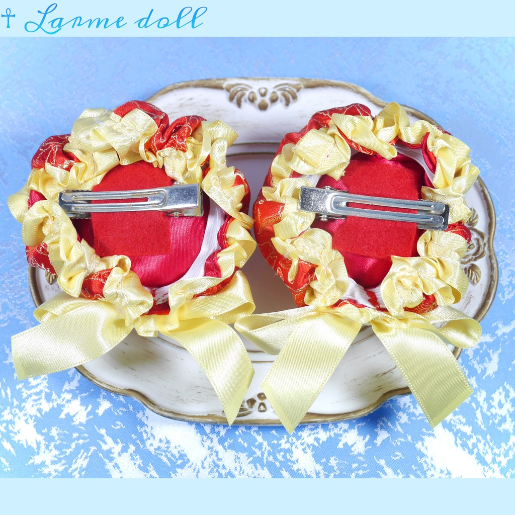 【完成品】【一点物】【⚠️ヘアクリップ錆び等有り】《☥》ミニチャイナお団子カバー カラー▷赤×黄色