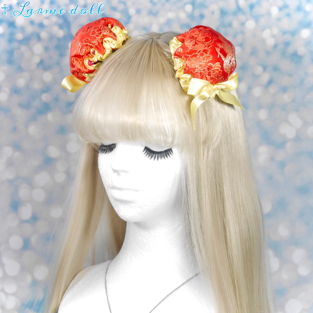 【完成品】【一点物】【⚠️ヘアクリップ錆び等有り】《☥》ミニチャイナお団子カバー カラー▷赤×黄色