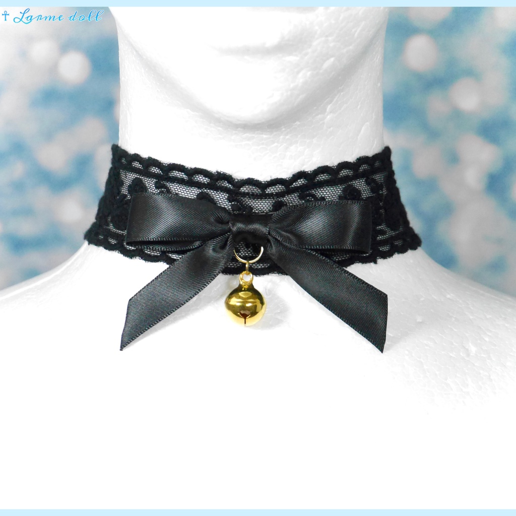 【受注生産】《☥》リボンチョーカー(レース黒)(タイプA)(接合パーツ等ゴールド)