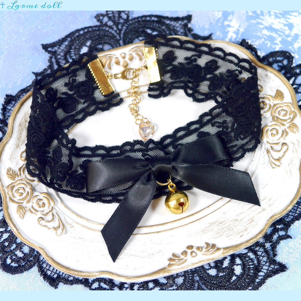 【受注生産】《☥》リボンチョーカー(レース黒)(タイプA)(接合パーツ等ゴールド)