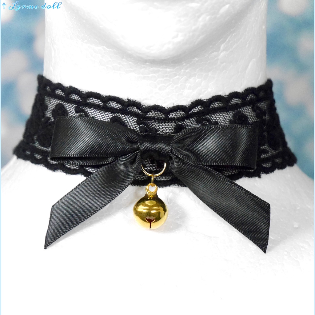 【受注生産】《☥》リボンチョーカー(レース黒)(タイプA)(接合パーツ等ゴールド)