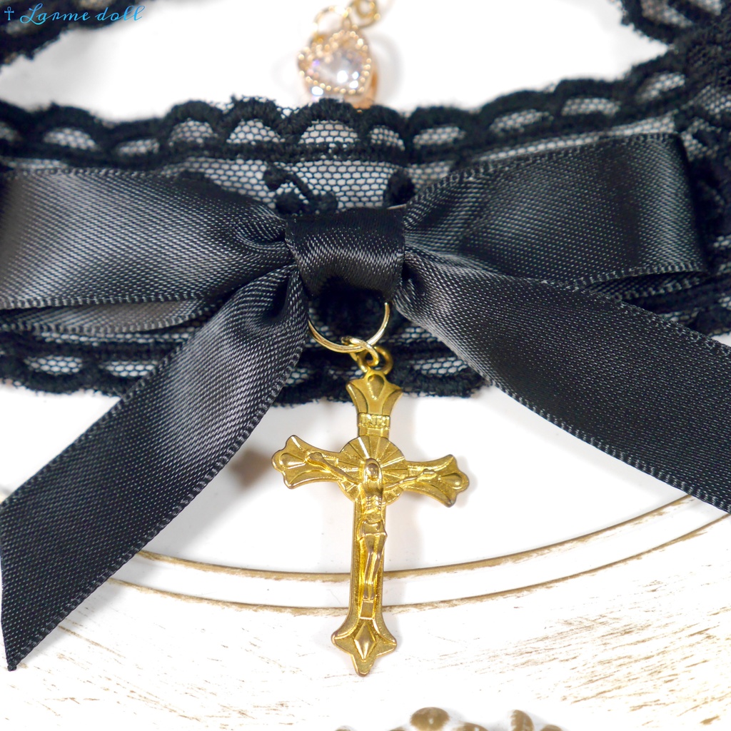 【受注生産】《☥》リボンチョーカー(レース黒)(タイプB)(接合パーツ等ゴールド)