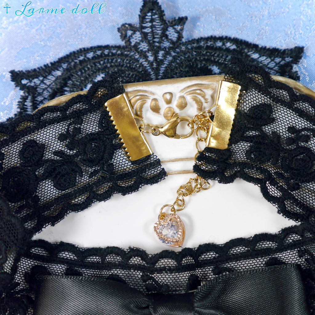 【受注生産】《☥》リボンチョーカー(レース黒)(タイプB)(接合パーツ等ゴールド)