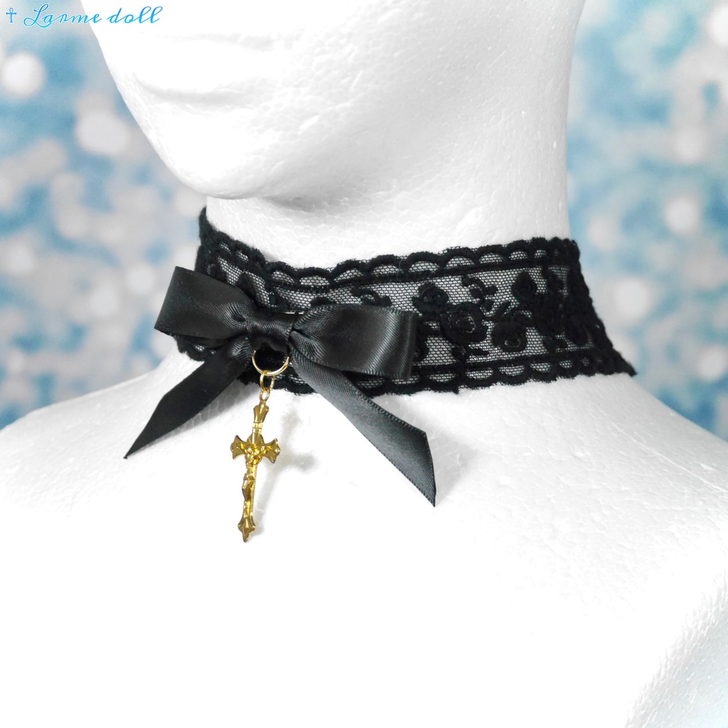 【受注生産】《☥》リボンチョーカー(レース黒)(タイプB)(接合パーツ等ゴールド)