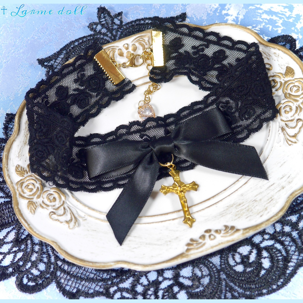 【受注生産】《☥》リボンチョーカー(レース黒)(タイプB)(接合パーツ等ゴールド)